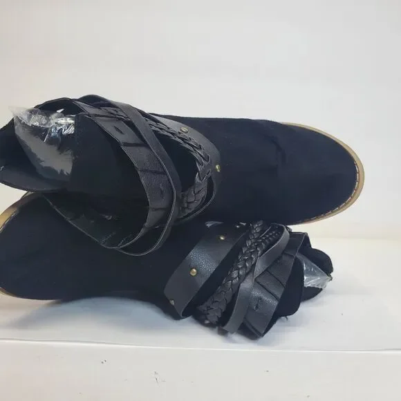 Heli Black Buckle-Strap Bootie Women's Faux Leather Block Heel US 8 - Picture 5 of 6